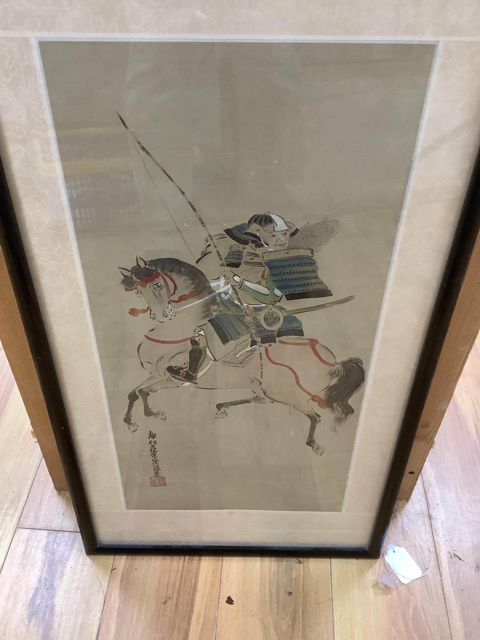 Japanese School, 19th century, Ink and colour on silk, Samurai on horseback, inscribed - 59 x 30cm